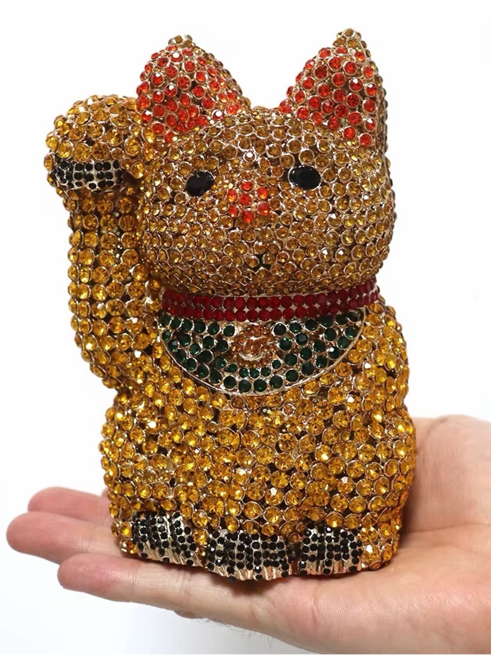 Rhinestone Lucky Cat Figurine in Gold with Red & Green Accents clutch